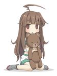  ahoge brown_hair hug kantai_collection kohinata_sora kuma_(kantai_collection) long_hair open_mouth red_eyes sitting solo stuffed_animal stuffed_toy teddy_bear triangle_mouth wariza 