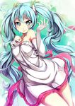  aqua_eyes aqua_hair dress elbow_gloves gloves hand_on_own_chest hatsune_miku highres long_hair packge smile solo twintails very_long_hair vocaloid 