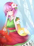  crying crying_with_eyes_open floral_print flower fog hair_flower hair_ornament hieda_no_akyuu japanese_clothes kimono obi pink_eyes purple_hair sash scroll short_hair short_sleeves smile solo spider_lily tears touhou toy_(great_toys) tree wide_sleeves wiping_tears 