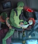  anal anal_penetration anthro arm_warmers blush clothed clothing cum cum_inside dinosaur duo gay gothbunnyboy hair itzk itzk_(artist) ketzio11 legwear lizard male nude open_mouth penetration penis raptor reptile scalie sex size_difference talin thigh_highs tongue 