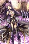  :d armor armored_boots bare_shoulders blush bodysuit boots breasts building cleavage cleavage_cutout collar fantasy feather_trim haik highres leotard long_hair looking_at_viewer medium_breasts open_mouth original purple_hair smile solo standing sunlight thigh_boots thighhighs tower yellow_eyes 