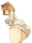  :q ass bad_id bad_pixiv_id blonde_hair blush bow breast_hold breasts green_eyes hair_bow haruka_(senran_kagura) large_breasts naked_sweater naughty_face open_mouth ribbed_sweater senran_kagura short_hair simple_background smile solo sweater tongue tongue_out urin white_background 