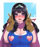  black_hair blush breasts double_v dragon_quest dragon_quest_iii gigantic_breasts hanauna heart_cutout hero-chan_(hanauna) highres long_hair looking_at_viewer nipple_piercing nipple_rings nippleless_clothes nipples piercing purple_eyes roto solo v 