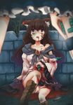  animal_ears blood blood_from_mouth blood_on_face blurry breasts brown_hair cuts depth_of_field fuente highres imaizumi_kagerou injury izayoi_sakuya knife knifed long_hair multiple_girls nipples panties sitting small_breasts stabbed touhou underwear weapon_in_garters wolf_ears 