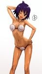  arms_up bikini chiro_(maji_moji_rurumo) dark_skin downscaled fang highres kawakami_rokkaku looking_at_viewer maji_moji_rurumo md5_mismatch one_eye_closed open_mouth pose purple_hair resized shell shell_bikini shiny shiny_skin short_hair solo swimsuit yellow_eyes 