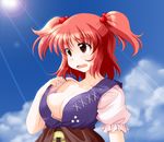  belt blue_sky breasts cleavage cloud collarbone day fanning_face hair_bobbles hair_ornament kinagi_yuu large_breasts no_bra onozuka_komachi open_mouth puffy_short_sleeves puffy_sleeves red_eyes red_hair shirt_tug short_sleeves sky solo sun sunlight sweat touhou two_side_up upper_body 