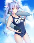  blue_hair breasts cloud collarbone covered_navel cowboy_shot day gradient_hair hair_ornament hair_ribbon holding holding_torpedo i-19_(kantai_collection) kantai_collection large_breasts long_hair looking_at_viewer multicolored_hair name_tag one-piece_swimsuit over_shoulder pink_hair red_eyes ribbon school_swimsuit sky solo star star-shaped_pupils swimsuit symbol-shaped_pupils torpedo twintails yue_teitoku 