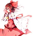  ascot bad_id bad_pixiv_id bare_shoulders bow brown_hair bug butterfly detached_sleeves hair_bow hakurei_reimu hazuki_shino highres insect red_eyes solo touhou white_background wide_sleeves 