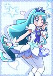  blue_eyes blue_hair blue_skirt bow brooch choker cure_marine flower hair_ornament hairpin heart heart_hair_ornament heartcatch_precure! jewelry kurumi_erika long_hair looking_back magical_girl one_eye_closed pantyhose precure pururun_z ribbon skirt smile solo star thighhighs white_legwear wrist_cuffs 