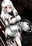  breasts claws detached_sleeves dress highres horn kajaneko kantai_collection large_breasts long_hair looking_at_viewer machinery red_eyes ribbed_dress ribbed_sweater seaport_hime shinkaisei-kan short_dress solo sweater sweater_dress white_hair white_skin 