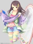  :o brown_eyes brown_hair camisole casual coat collarbone copyright_name fluffy_legwear frills grey_background hair_ornament hairclip holding_clothes hood hoodie ilog kuki_hitomi long_hair long_sleeves loungewear midriff mirror multicolored multicolored_stripes no_shoes occhan_(11715) official_art open_clothes open_coat open_hoodie print_hoodie ribbon-trimmed_clothes ribbon-trimmed_shorts ribbon_trim shorts slippers solo spaghetti_strap striped striped_legwear thighhighs 