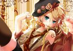  alternate_costume blonde_hair blue_eyes candy earrings food hair_ornament hairclip hat hekicha jewelry kagamine_len lollipop male_focus necktie pins safety_pin shorts sleeveless solo suspenders thighhighs tongue tongue_out vocaloid 