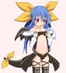  asymmetrical_wings bare_shoulders black_panties blue_hair blush_stickers center_opening detached_sleeves dizzy flat_chest guilty_gear hair_ribbon hair_rings kneehighs long_hair panties ponkotsu red_eyes ribbon shoulder_pads showgirl_skirt solo tail tail_ribbon thigh_strap underwear wings younger 