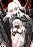  aircraft aircraft_carrier_oni airplane armor armored_boots bad_id bad_pixiv_id boots breasts closed_eyes covered_mouth dress gauntlets highres holding horns kantai_collection kumakichi. large_breasts long_hair mittens multiple_girls northern_ocean_hime one_side_up pale_skin petting sailor_dress shinkaisei-kan sleeping smile thigh_boots thighhighs turret white_hair yellow_eyes 