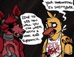  chica_(fnaf) eye_patch eyewear female five_nights_at_freddy&#039;s foxy_(fnaf) hook male text 