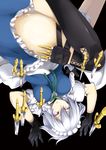  alternate_eye_color apron arm_over_head bad_id bad_pixiv_id between_breasts black_gloves black_legwear blue_dress braid breasts dress gloves hair_ribbon highres ishida_kazuma izayoi_sakuya knife knifed large_breasts leg_belt leg_up looking_at_viewer lying maid maid_apron maid_headdress necktie necktie_between_breasts pink_eyes ribbon serious short_hair silver_hair solo thighhighs thighs touhou tress_ribbon twin_braids weapon wings zettai_ryouiki 