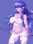  abs aoki_reika areolae bare_shoulders blue_background blue_hair bow_(weapon) breasts harihisa highres large_breasts lips long_hair muscle muscular_female navel precure purple_eyes sarashi simple_background smile_precure! solo very_long_hair weapon 