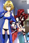  absurdres angelise_ikaruga_misurugi ass_visible_through_thighs blonde_hair blue_eyes boots breasts cleavage cross_ange fingerless_gloves gloves highres hilda_(cross_ange) long_hair medium_breasts megami multiple_girls non-web_source official_art red_eyes red_hair sawada_mika short_hair twintails 
