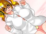  bespectacled blonde_hair blush breasts covered_nipples glasses headphones huge_breasts isuna looking_at_viewer naked_shirt nitroplus no_pants open_mouth orange_eyes panties plump shirt short_hair smile solo super_pochaco twintails underwear 