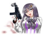  bespectacled glasses gloves gun hammer_and_sickle kyuumiritei_kazaana long_hair patchouli_knowledge purple_eyes purple_hair skorpion_vz._61 submachine_gun touhou weapon 