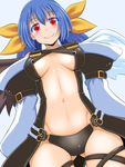  asymmetrical_wings black_panties blue_hair blush breasts center_opening detached_sleeves dizzy groin guilty_gear hair_ribbon large_breasts long_hair navel panties ponkotsu red_eyes revealing_clothes ribbon shoulder_pads sideboob skindentation smile solo tail thigh_strap twintails underwear wings 