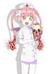  :d bangs blood blood_on_face bloody_hands blush buttons commentary demon_wings ebola-chan fang flower hair_flower hair_ornament hat highres holding lips long_hair looking_at_viewer nurse nurse_cap open_mouth original pale_skin pantyhose personification pink_hair shadow short_sleeves sidelocks skull sly_(slykick) smile solo twintails white_skin wings yellow_eyes 