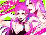  1girl bad_id bad_pixiv_id breasts cleavage diavolo eri127 father_and_daughter freckles green_eyes jojo_no_kimyou_na_bouken large_breasts lipstick makeup midriff pink_hair short_hair trish_una 