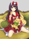  black_eyes black_hair bow couch dress glass hair_bow hair_ornament holding ikura_shizuku ilog long_hair occhan_(11715) official_art plaid plaid_dress sitting smile solo stuffed_animal stuffed_toy teddy_bear 