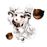  ahoge blat bunny_pose chestnut_mouth dress from_above horns kantai_collection long_hair looking_up mittens northern_ocean_hime orange_eyes shinkaisei-kan solo white_background white_dress white_hair white_skin 