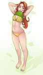  arms_behind_head arms_up barefoot bra breasts defense_of_the_ancients dota_2 freckles green_eyes greenmarine highres long_hair lyralei mouth_hold orange_hair panties shirt_lift small_breasts smile solo toes underwear 
