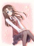  bad_id bad_pixiv_id blue_eyes brown_hair kara_no_kyoukai kokutou_azaka long_hair looking_at_viewer looking_to_the_side necktie nonono pantyhose school_uniform sitting smile solo vest 