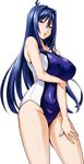  1girl blue_hair breasts highres huge_breasts long_hair looking_at_viewer looking_down maken-ki! nijou_aki purple_eyes simple_background solo standing swimsuit takeda_hiromitsu white_background 