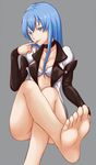  :d akame_ga_kill! bare_legs barefoot blue_eyes blue_hair collarbone crossed_legs esdeath feet finger_to_mouth grey_background hair_between_breasts hair_between_eyes head_tilt jacket legs leikangmin long_hair open_mouth parted_lips simple_background sitting smile soles solo teeth thighs toes 