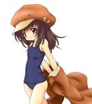  brown_eyes brown_hair cabbie_hat hat highres jacket monogatari_(series) one-piece_swimsuit school_swimsuit sengoku_nadeko short_hair solo swimsuit 