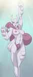  abs bandaid bandaid_on_nose blue_eyes breasts clenched_hands gen_1_pokemon highres jumping large_breasts live_for_the_funk mega_mewtwo_x mega_pokemon mewtwo nipples nude personification pokemon pokemon_(game) pokemon_xy purple_skin raised_fist solo tail 