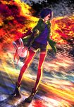  black_hair coat highres holding kagune_(tokyo_ghoul) kirishima_touka looking_at_viewer mask mask_removed red_eyes red_legwear short_hair shorts solo swordsouls thighhighs tokyo_ghoul twilight 