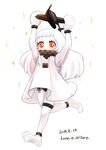  ahoge aircraft airplane artist_name black_panties covered_mouth dated dress holding horns kantai_collection konna_e_oritore long_hair mittens northern_ocean_hime panties red_eyes running shinkaisei-kan side-tie_panties solo sparkle underwear white_background white_dress white_hair white_skin 