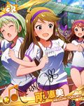  ahoge beamed_eighth_notes blue_eyes borrowing_race brown_eyes brown_hair buruma card_(medium) character_name character_signature green_footwear green_hair gym_uniform hairband idolmaster idolmaster_million_live! multiple_girls musical_note official_art print_shirt purple_buruma purple_hairband shimabara_elena shirt sports_festival tanaka_kotoha tokoro_megumi track translated white_shirt 