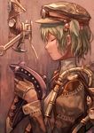  alternate_costume brown_gloves closed_eyes gloves goggles goggles_on_headwear hair_bobbles hair_ornament hat juliet_sleeves kawashiro_nitori long_sleeves norizc profile puffy_sleeves solo steampunk touhou two_side_up upper_body wrench 
