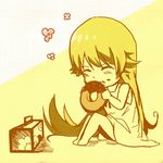  bad_id bad_pixiv_id barefoot blonde_hair chibi doughnut dress food long_hair monogatari_(series) oshino_shinobu pastry_box solo yellow_eyes 