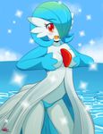  absurdres alternate_color aqua_hair artist_name bangs bikini blush breasts cloud collarbone covering covering_breasts curly_hair day demonkingd17 eyelashes gardevoir gen_3_pokemon hair_over_one_eye hands_on_own_chest highres large_breasts looking_at_viewer no_bra ocean open_mouth orange_eyes pokemon pokemon_(creature) shadow shiny_pokemon sidelocks sky smile solo sparkle swimsuit watermark 