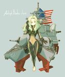  adjusting_hair america american_flag asterisk_kome barefoot black_gloves blonde_hair bodysuit character_name english gloves grey_background life_vest long_hair mecha_musume original personification simple_background solo turret uss_arleigh_burke_(ddg-51) 