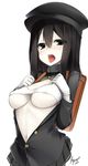  akitsu_maru_(kantai_collection) areola_slip areolae black_eyes black_hair black_skirt breasts gloves hat kantai_collection large_breasts looking_at_viewer navel open_mouth pale_skin remodel_(kantai_collection) short_hair simple_background skirt solo tilt-shift underboob white_background white_gloves 