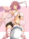  absurdres alternate_costume amputee bandages bike_shorts blush breasts covered_nipples cuffs cyoppu double_bun groin highres ibaraki_kasen large_breasts navel open_mouth pink_hair pink_legwear red_eyes riding_machine shackles short_hair solo straddling striped striped_legwear sweat tank_top thighhighs touhou zoom_layer 