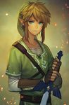  alternate_color bad_id bad_twitter_id blonde_hair blue_eyes earrings gloves hat highres jewelry link long_hair male_focus mimme_(haenakk7) pointy_ears sword the_legend_of_zelda the_legend_of_zelda:_breath_of_the_wild weapon 