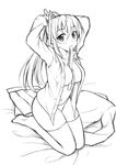  adjusting_hair bad_id bad_pixiv_id barefoot between_breasts blush breasts collarbone dressing eyebrows_visible_through_hair full_body greyscale kneeling large_breasts lineart looking_at_viewer monochrome mouth_hold open_clothes open_shirt peach_(momozen) ponytail shirt simple_background sketch soles solo thighhighs tying_hair white_background 