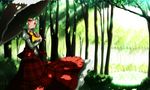  absurdres ascot forest frilled_skirt frills green_hair hana_(0458251551) highres kazami_yuuka looking_at_viewer nature parasol plaid plaid_skirt plaid_vest red_eyes shadow shirt short_hair skirt smile sunlight touhou umbrella vest 