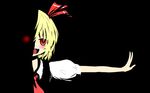  :d bad_id bad_pixiv_id black_background blonde_hair dark fang glowing glowing_eye hair_ribbon hana_(0458251551) open_mouth outstretched_arm puffy_short_sleeves puffy_sleeves red_eyes ribbon rumia short_hair short_sleeves smile touhou 