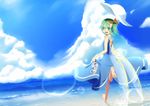  :d barefoot blue_sky bow cloud cloudy_sky daiyousei day dress fairy_wings footwear_removed green_eyes green_hair hair_bow hana_(0458251551) hat highres looking_at_viewer looking_back open_mouth sandals shoes_removed short_hair side_ponytail sky smile sun_hat touhou water wet wings 