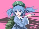  :d backpack bag blue_eyes blue_hair frilled_sleeves frills hat kawashiro_nitori kongari_(kngr) open_mouth short_hair smile touhou two_side_up wide_sleeves wrench 